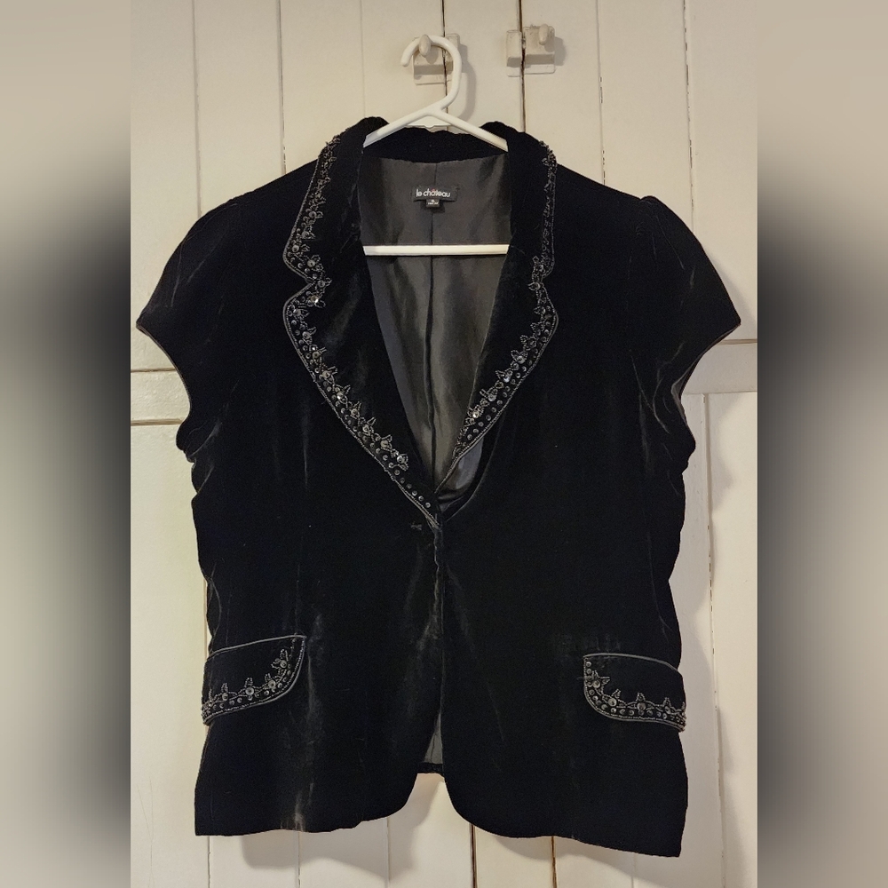 Le Château Silk Blend Velvet Beaded Cap Sleeve Blazer Black XL